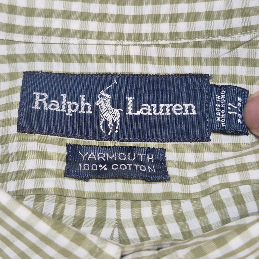 Ralph Lauren Short Sleeve Gingham Shirt Mens 17 Green Cotton Yarmouth Button - Picture 2 of 7